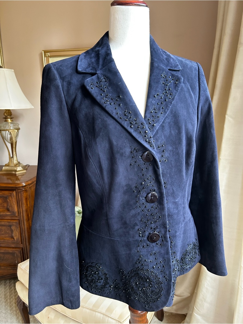 Exquisite!  Goat Suede Jacket with Black Jet  Beading & Passementerie Embroidery